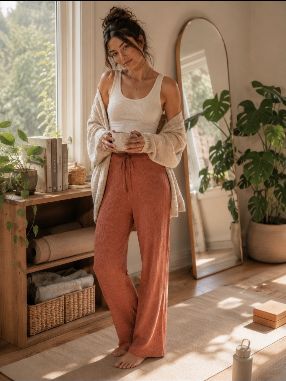 Cozy Rib Knit Lounge Pants - Rust Wide Leg Drawstring Soft Minimalist Loungewear